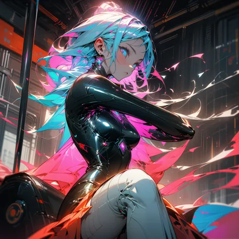 masterpiece, best quality,glowing, (glow:1.2),, (liquid:1.2), 
animevibes, 1 girl sitting on a subway train,colorful,shiny, shiny hair, shiny skin, Cyberpunk clothes,from side,highly ditailed face