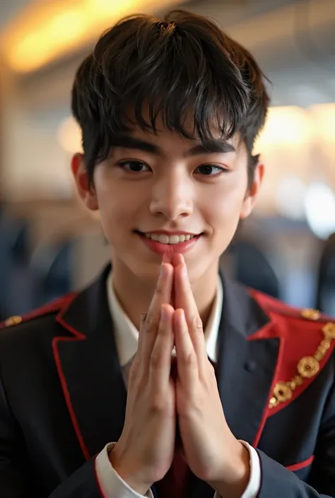 portrait of a young japanes man cabin crew, undercut short black hair, very peal skin, a bit smile, look smart, age 20 year old, good looking body, shining hair, raise 2 hands in the thai buddist pray as greeting, dress in thai cabin crew with out any sign...