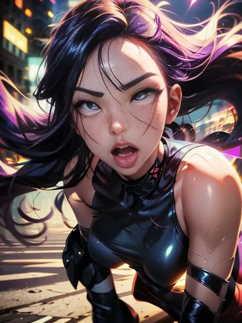 ((SUPERHEROINE PSYLOCKE )) , ((She has long hair)), (She is wearing her uniform), (masterpiece, best quality) 1girl, Alone, (sexy, Pretty woman, Perfect face, perfect eyes), cowboy shot , (PSYLOCKE:1.5), (ahegao:1.5), (rolling eyes:1.5), dynamic pose, supe...