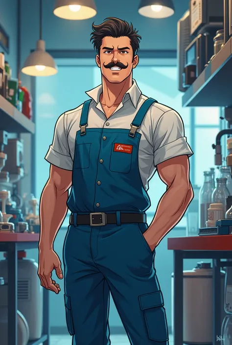 Refrigeration technician with moustache in anime style
