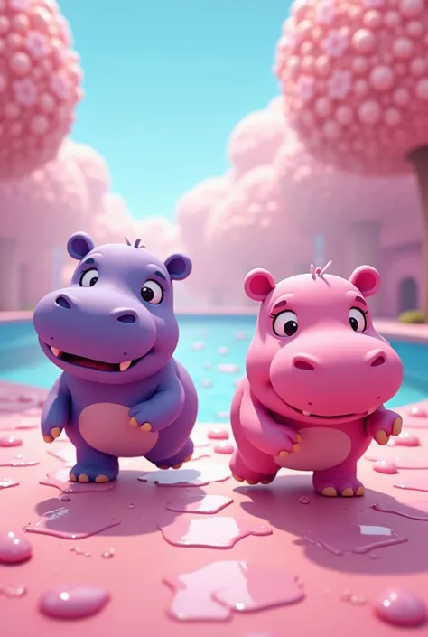 Purple and pink pygmy hippopotamuses running around in a zoo.  Background pattern hippopotamus pink and purple  backdrop texture water blue . Cartoon animation style.