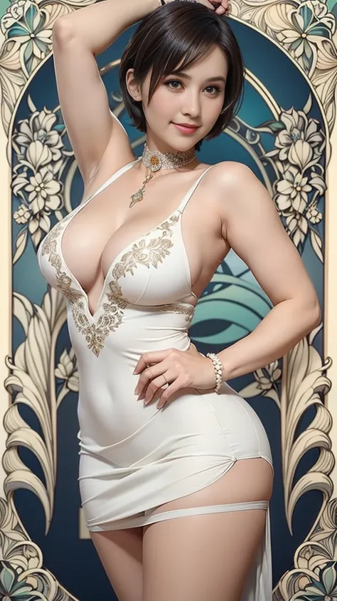 Beautiful attractive woman in tube dress, sleeveless, short bob hair, Stunning details，Micro bodycon skirt , Beautiful round breasts,, Chest together ,Medium and long range shooting, (Art nouveau style decorative background)，（Show off your curved），Smile：1....