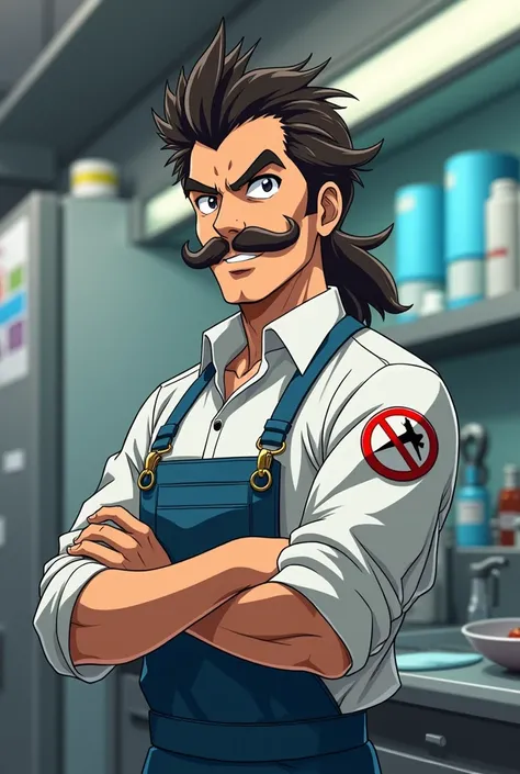 Refrigeration technician with moustache and mullet in anime style
