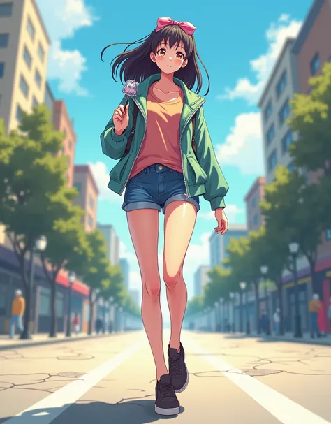 2D anime picture of a girl about 20 years old, full body, young, dynamic, personality walking on the street thanks to using a product to help increase height,efforts to increase height,remove background,girl is rising, 32k