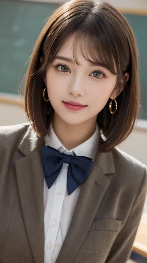 (A beautiful and cute high school girl in a school uniform is in a high school classroom during lunch break, She is wearing a blazer and a Checkered pleats skirt as her uniform, with a Ribbon accent around collar:1.3), 
break 
(Realistic, 32K, RAW Photos, ...