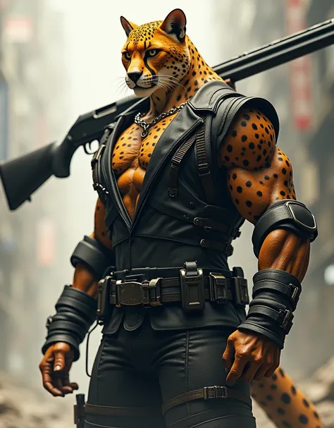 /imagine RPG, realistic tall man, he has face of a wild cheetah, , tall figure with cheetah and and angry expression, he is wearing a special modern suit suitable for carrying different weapons with many garters and belts. holding a shotgun on his shoulder...