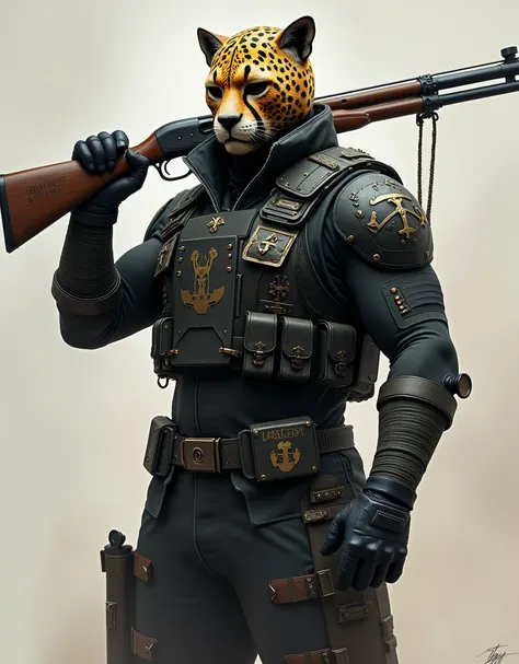 /imagine RPG, realistic tall man, a cheetah mask covering his face, metal mask, the mask has golden intricate embellishment designs, tall figure with cheetah mask, he is wearing a special modern suit suitable for carrying different weapons with many garter...