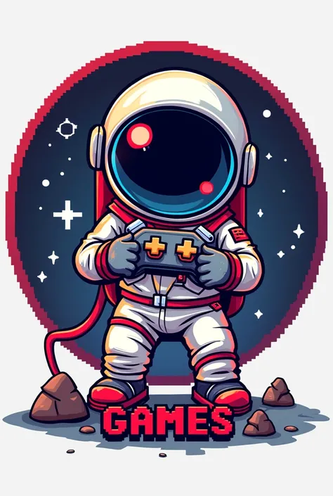 Create an image with a logo and a gamer astronaut mascot in pixel art inside a circle for me to use as an avatar and cover for my future YouTube channel, which will be called Top Up Games.