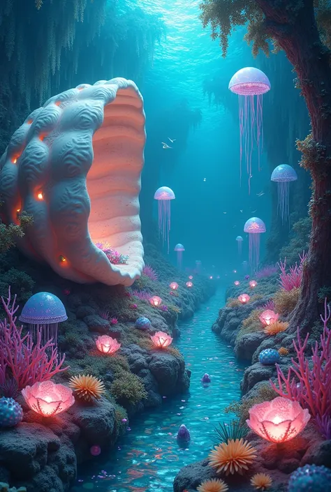 Here’s a magical idea inspired by your description:

Imagine a **vibrant underwater garden** nestled within a **giant, iridescent seashell**, its spiraled shape forming a protective cocoon around an enchanting scene. Inside the shell, a **fairytale landsca...