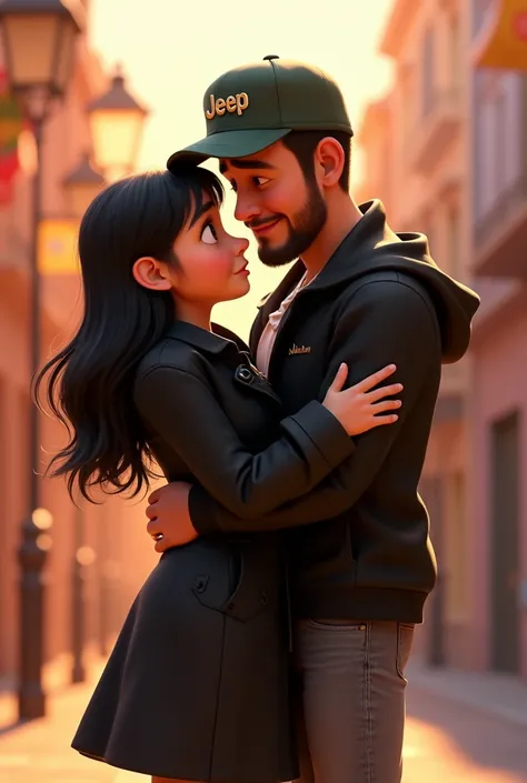 Disney Pixar style poster. 3d animation. Marjorie is a 25-year-old white-skinned girl, with long black hair, big brown eyes, She has a rounded face and is short in stature and is dressed in a long black trench coat and jeans.. Jorge is a tall, thin 2 boy.,...