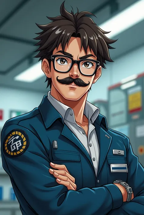 Refrigeration technician with moustache, focuhila and double bridge glasses in anime style
