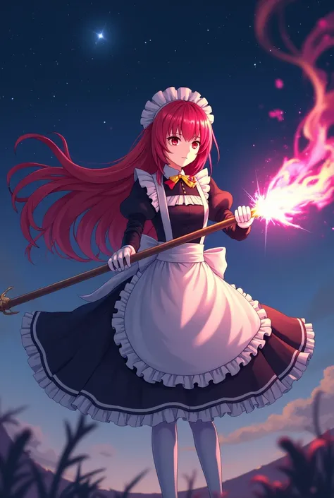 maid，White Gloves，Giant magic wand，Red long hair anime girl￼，anime style，Dark night sky