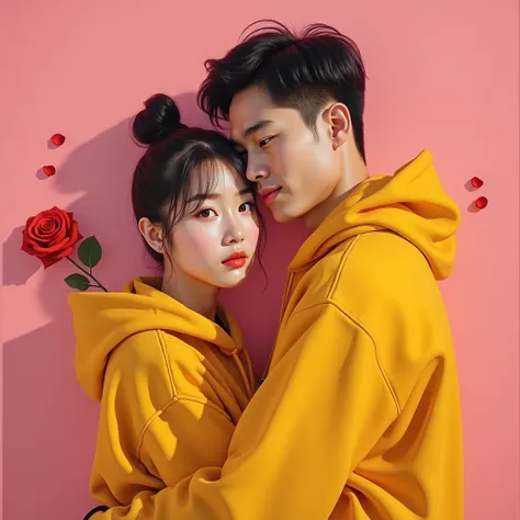 Cinematic photorealistic Unique surreal painting depicting a woman and a man , beautiful Korean woman with smooth white skin, beautiful natural face,hair tied up in a bun with bangs yellow hoodie, handsome white man with short hair standing up. Wearing a y...