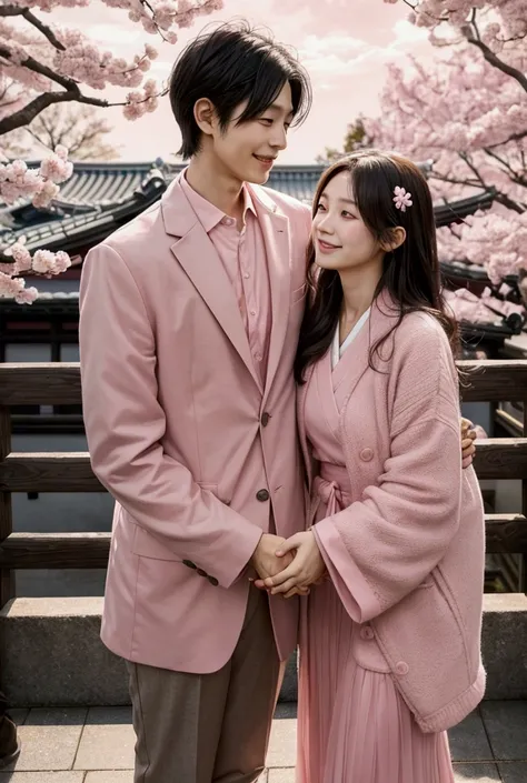 A modern and stylish Japanese couple in their twenties enjoying a romantic moment in a pink-themed setting. The couple, a handsome man and a beautiful woman, are smiling and holding hands, standing in a bright and soft environment with pink hues. The backg...