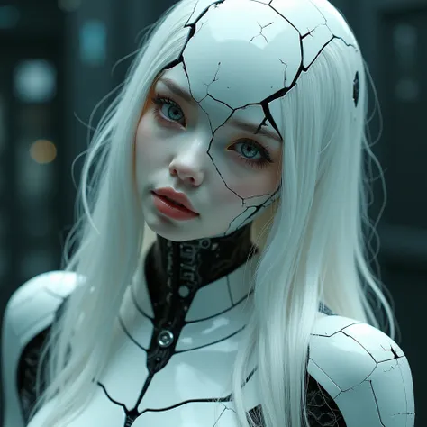 Broken female android, cracked porcelain face, white hair, futuristic look, fascinating composition, smooth porcelain mechanical body, broken fragments, cinematic lighting,