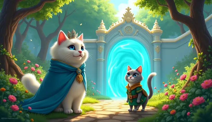 Pawtopia’s Garden and Forest Entrance
Prompt: A bright, magical garden at the edge of the Kingdom of Pawtopia, where Prince Purrin and Dusty stand near an enchanted forest. The garden is alive with vibrant plants, tall trees with twisting branches, and pat...