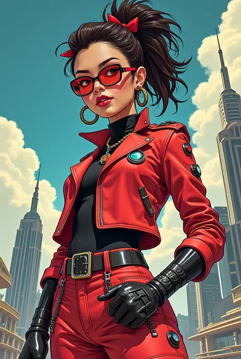 A captivating retro-futuristic poster featuring a bold and stylish retropunk girl, brilliantly designed by the talented trio of Rebecca Sugar, Charles Burns, and Dan McPharlin. The girl dons a vibrant red and sky black outfit, adorned with intricate patter...