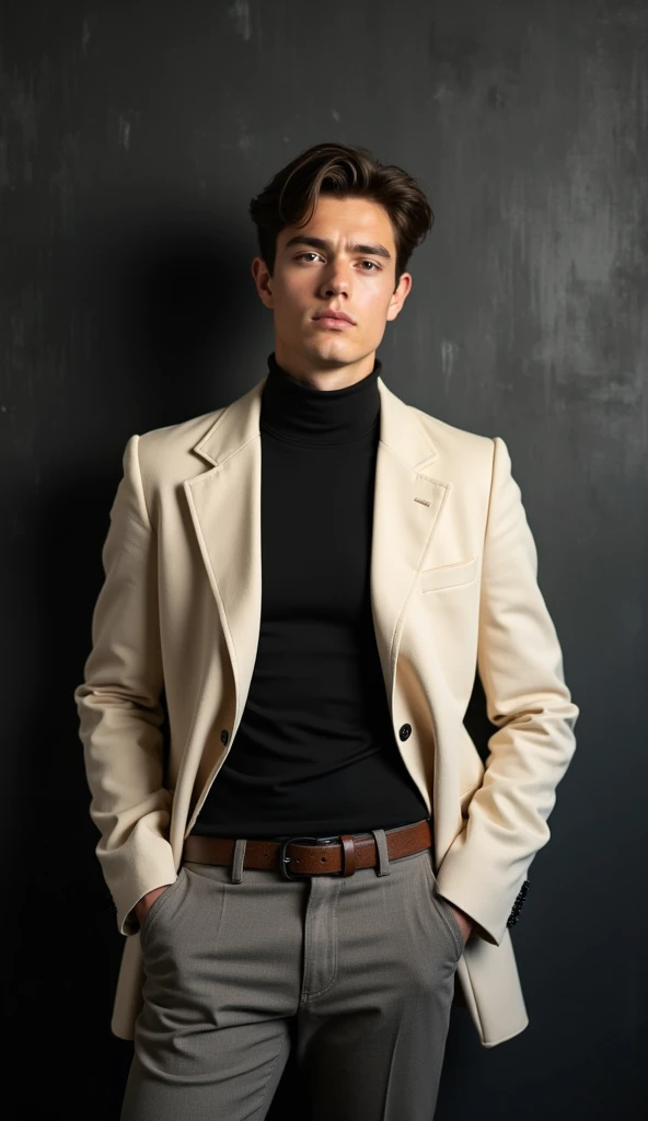 A man posing for camera with Dark
 cream blazer and black shirt inside and black paint of 18 years boy full photo