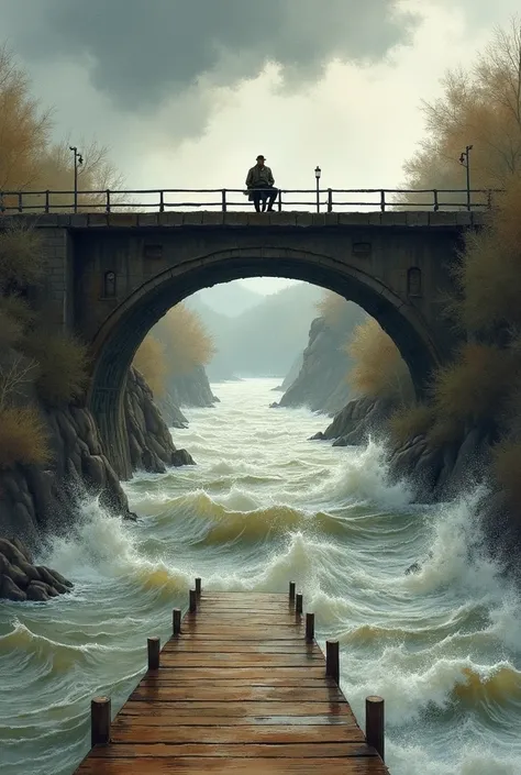 A picture of a 30-year-old station master  sitting on a ledge in the middle of a railway bridge and looking down at the river below. The water of the river swells with rain.The water of the rising river is flowing at a rapid speed and hitting the pillars o...