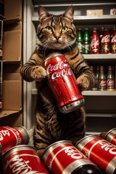 An angry cat with a bunch of Coca Colas cans and hes fending them from humans.