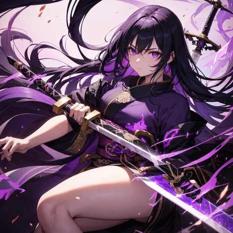 a beautiful woman with a scar on his  eye) , long hair, (in kimono, a sword made of black steel with purple runes that attach to a purple stone in the middle of the sword), fire, smoke, ultra HD, high quality, 32k, simple plain background, 8k, hd, dark fan...