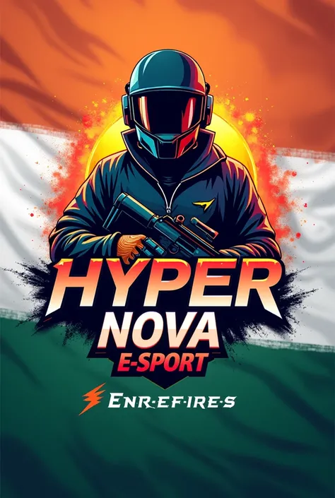 A logo for the gaming e-sport event "HYPER NOVA E-SPORT". The logo is set against the background of the Indian flag. The text "Freefire tournaments" is written below the logo. A gaming e-sport player character is also included in the logo.