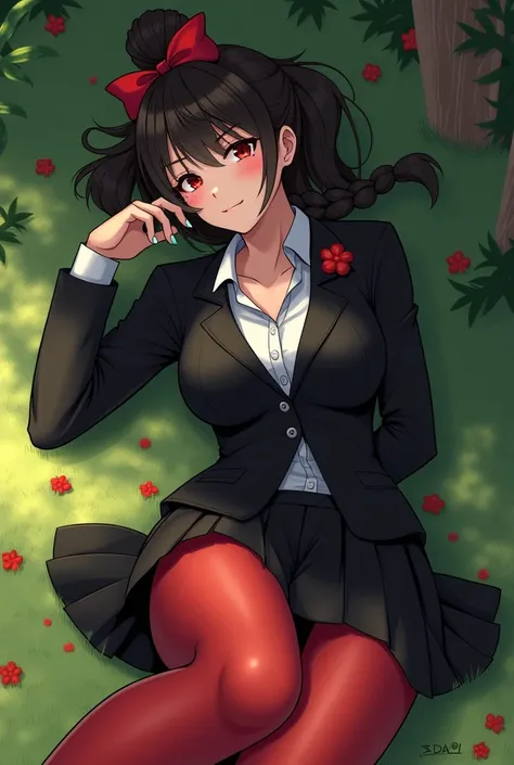 masterpiece, best quality, feMonica, hair bun, braid, red bow, black jacket, black skirt, red pantyhose, upper body, from above, lying on back, grass, looking at viewer, tired, smile, garden 