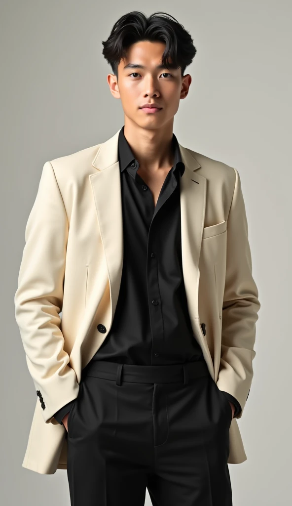 A man posing for camera with Dark
 cream blazer and black shirt inside and black paint of 18 years boy full body photo