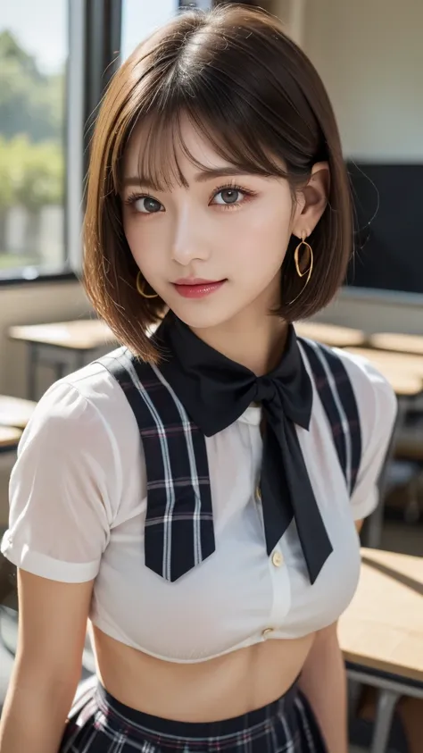 (A beautiful and cute high school girl in a school uniform is in a high school classroom during lunch break, She is wearing a 濡れたブレザー and a 濡れたCheckered pleats skirt as her uniform, with a Ribbon accent around collar:1.3), break (Realistic, 32K, RAW Photos...