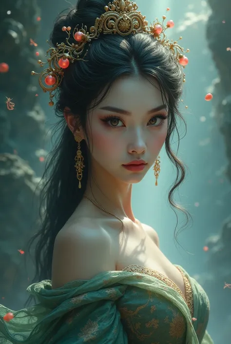 Mysterious Background。Oriental Goddess。Not Asian。Bust up