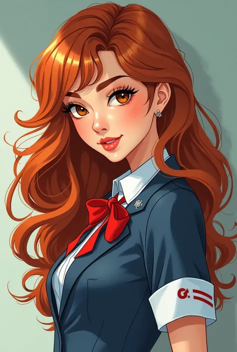 manhwa style woman, curly copper hair with volume and bangs, brown eyes and a mole under the eye, white, Latin features, school uniform and thin