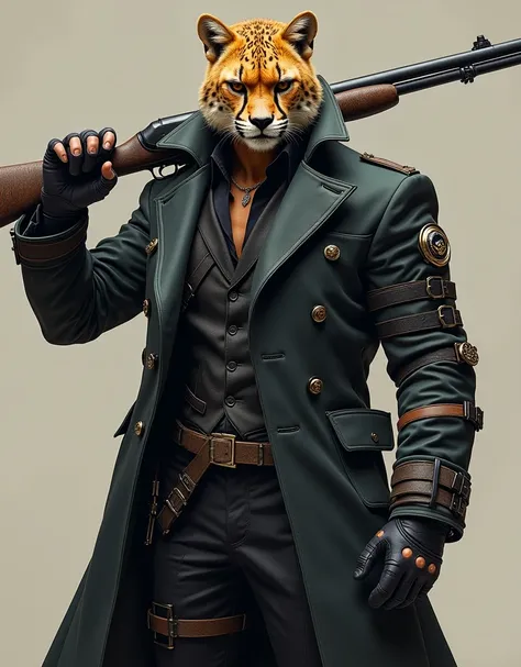 /imagine RPG, realistic tall man, he has face of a wild cheetah, , tall figure with cheetah and and angry expression, he is wearing a special modern assassin overcoat suit suitable for carrying different weapons with many garters and belts. holding a shotg...