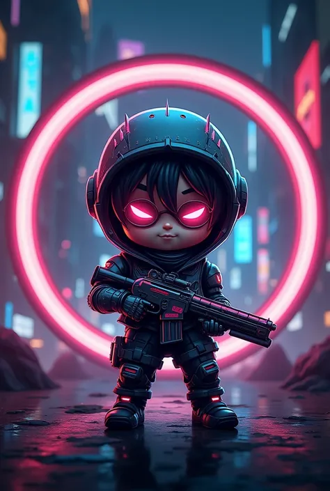 Create an image with a logo and a cyberpunk chibi gamer mascot similar to Destiny&#39;s hunter inside a circle for me to use as an avatar and cover for my future YouTube channel, which will be called Top Up Games.