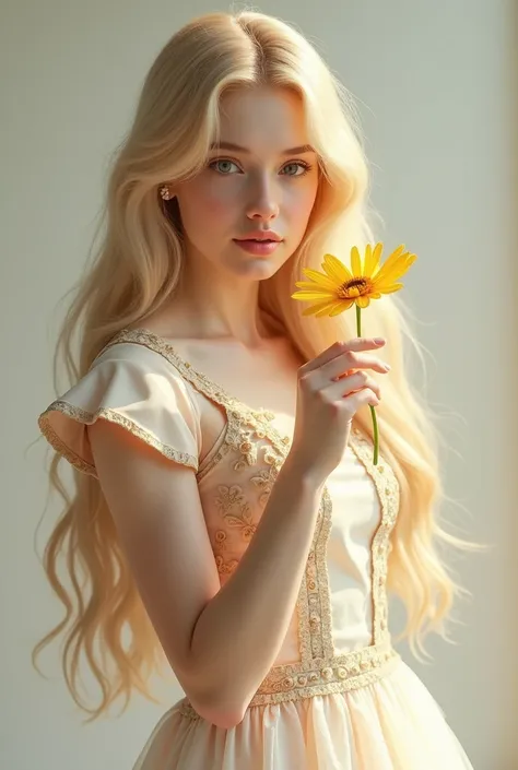 Beautiful girl with long blonde hair, one piece themed dress, holding a yellow flower in her right hand and showing it to the viewer.