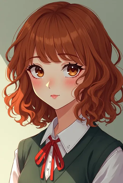 manhwa realistic  style woman, curly copper hair with volume and bangs, brown eyes and a mole under the eye, white, Latin features, school uniform and thin