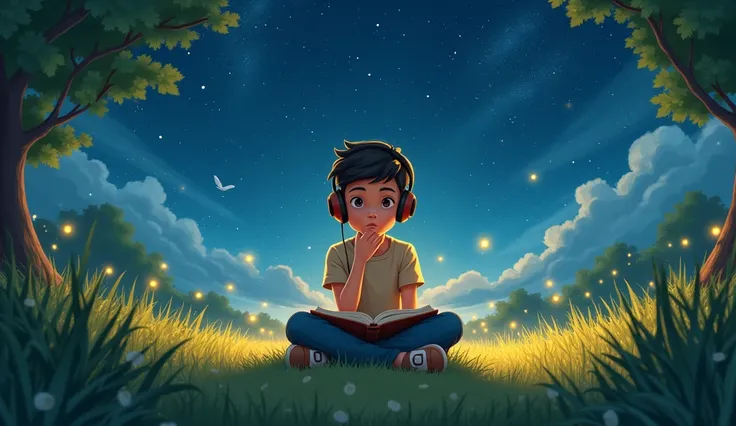 A lofy boys ,wear a headphone,the natural ground many fireflies fly in the sky,stars and moon shining in the sky beautiful grasses and beautiful view of nature,boy sit on the ground,a book kept infront of the boy,sky looks so amazing and beautiful ,boy kep...