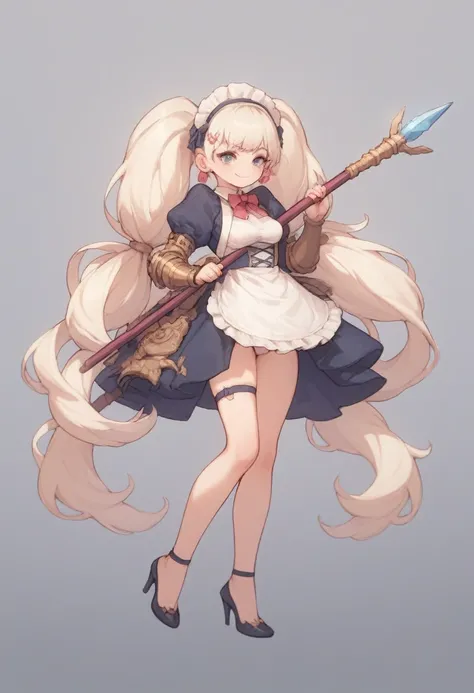 masterpiece　One Girl　Overly decorated fantasy maid costume　Giant Spear　Big Gauntlet　Short stature　leotard　　Princess　Face forward　smile　Stand up straight　　Long Hair　Twin tails　Smaller breasts　High heels　whole body