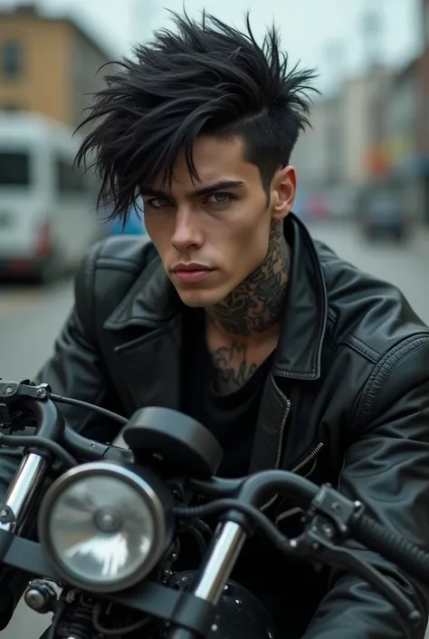 Create a guy who has a dark aesthetic realistic and has a strong jawline who looks like he is in his late teens and shaggy black hair and neck tattoos but is clothed in black clothing who has a motorcycle 