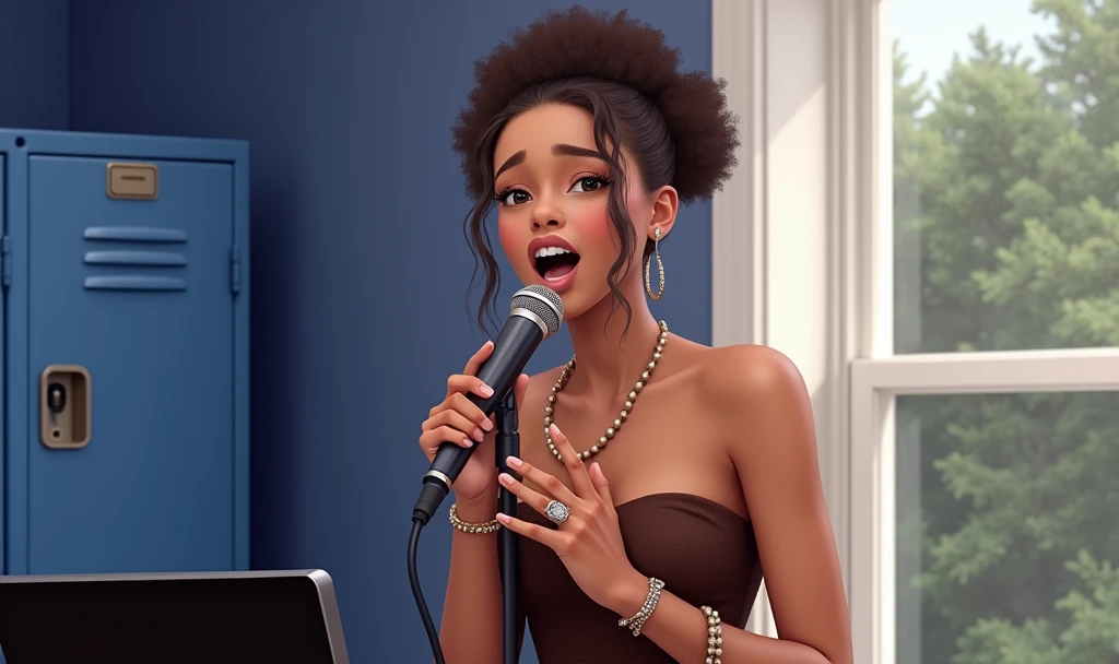 An 1 mixed race girl with brown skin, curly hair, a bun, hair that falls down, sings with a microphone stand, brown strapless dress, rings on her fingers. Bay window in the background and blue locker. She looks ahead 