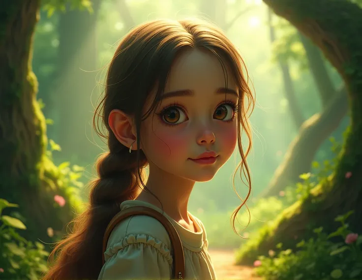 A whimsical adventure, a girl in the forest, beautiful detailed eyes, beautiful detailed lips, extremely detailed eyes and face, long eyelashes, adventurous pose, lush green foliage, sunbeams streaming through the trees, magical atmosphere, fantasy landsca...