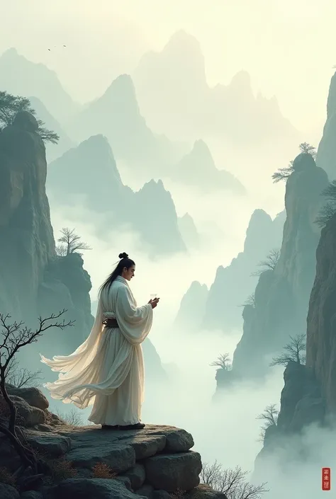 Li Bai，White clothes，Mountaineering，drinking alcohol，Ink Painting，Highlights，dreamy blur

