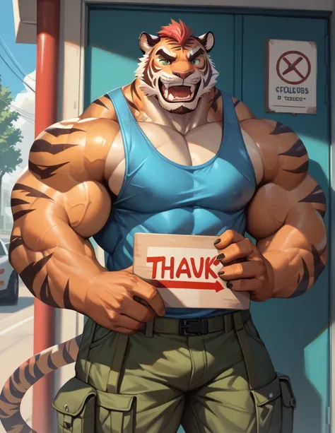 huge muscular tiger, cargo short, tank top, part, holding sign with text (thanks 300 follower)