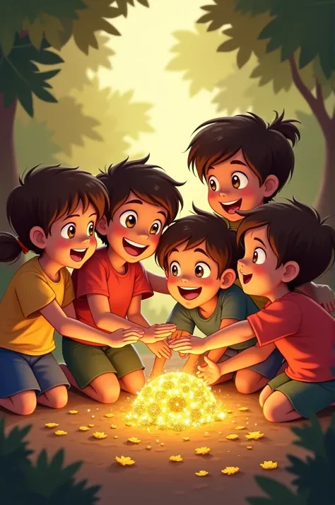 The other children rush in, their faces lighting up with joy as they see the treasure. They all laugh and cheer, celebrating their discovery together