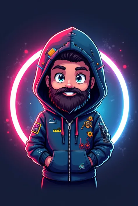 Create an image with a logo and a mascot wearing a bearded cyberpunk chibi gamer hoodie inside a circle for me to use as an avatar and cover for my future YouTube channel, which will be called Top Up Games.