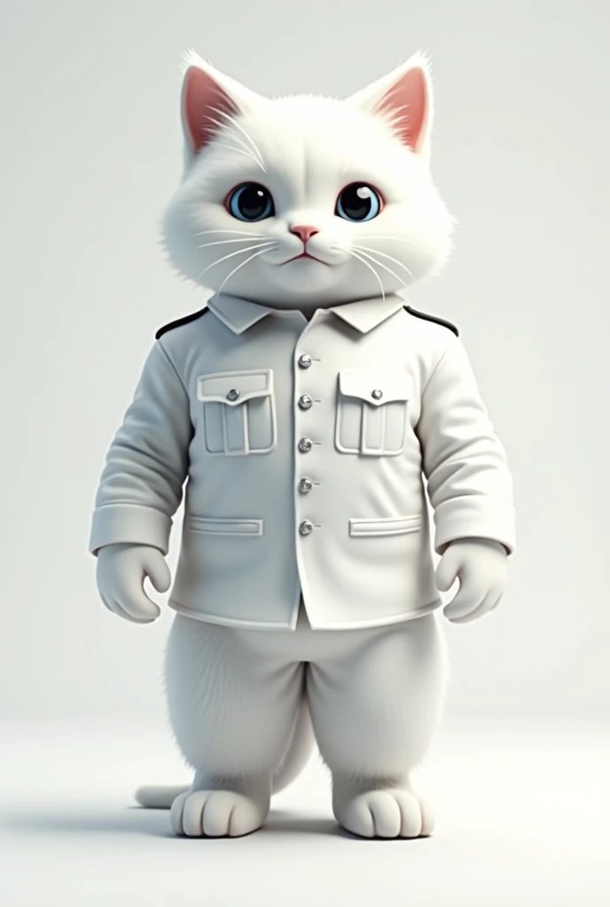 Un chat de couleur blanche anthropomorphe adulte légèrement musclé  portant une tenue militaire blanche face camera