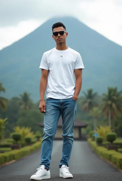 Instructions

Copy

Realistic photography. Professional model shooting. Young Indonesian man wearing sunglasses. looks handsome. smooth face. slightly athletic body, very short and very thin haircut. Wearing a white jordan shirt with blue jeans. White adid...