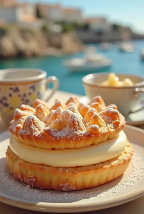 tropezian tart, saint tropez, traditionnel, Cote dazur, Cream Pie, Brigitte Bardot, giant cream puff shape, sugar cubes on top, generous cream spread inside, simple exterior, only sugar cubes, 