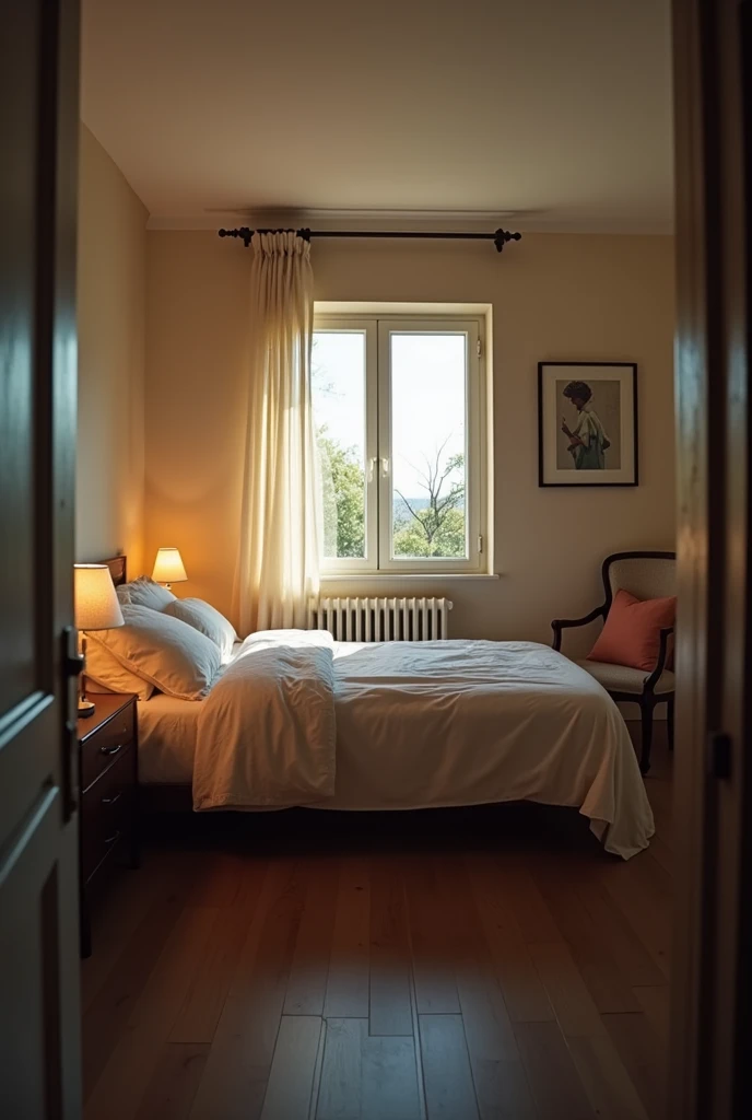 6 photos with different lighting of a very zenithal perspective shot pointing to a bed in a room FROM ABOVE, Zenithal shot, Each photo must be the same room but the only thing that changes is the sunlight, night light, light in the afternoon. dawn light, e...