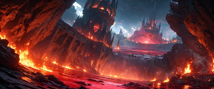  Castle ruins, Underground Cave, Huge open space, lava lake, Deep red and orange, Hot Surface, Castle built of stone, Wall decorations, Fire themed accessories, Deep red light, bright pictures, Lost Izalith, Dark Souls 1, Epic atmosphere, Flame particles i...