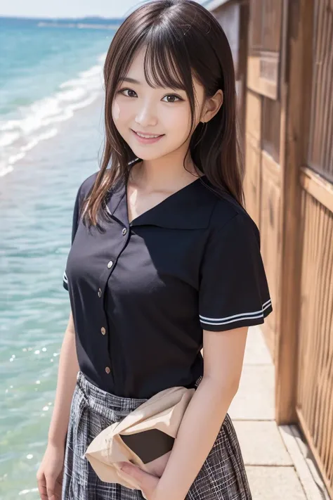 masterpiece of the highest quality, 8k, , Japanese Girls, RAW Photos, Absurd, Award-winning portrait, smile, smile, Alone, Uniform, Summer clothes, Idol&#39;Face, violet, Gardenia, Delicate girl, Long black hair, Dark Eyes, Upper body digital SLR, Observe ...